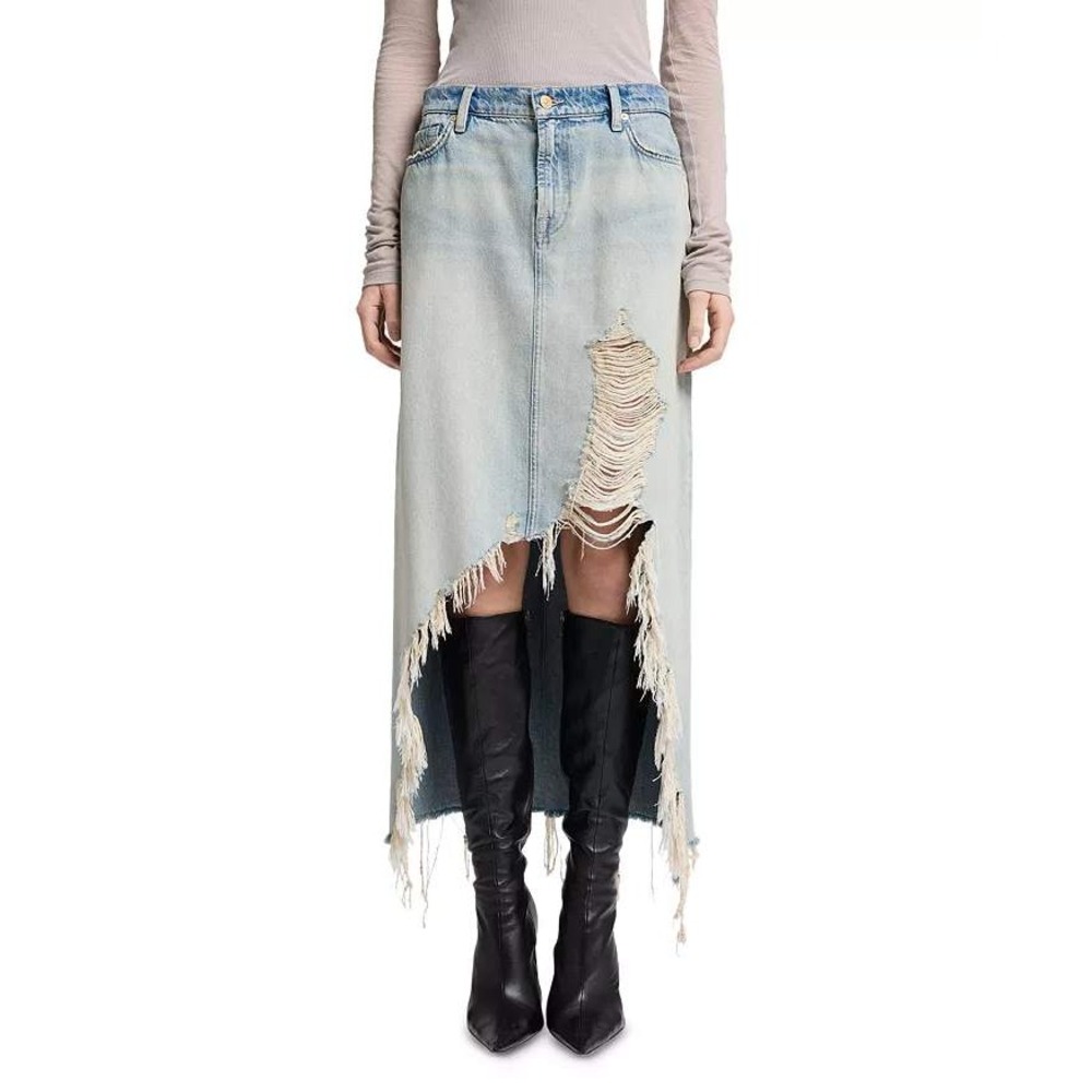 7 For All Mankind Denim Midi Skirt Womens 27 Grunge Alt Destroyed Distressed NWT